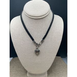 Brighton Silver Tone and Black Leather Braided Heart Charm Necklace 17”